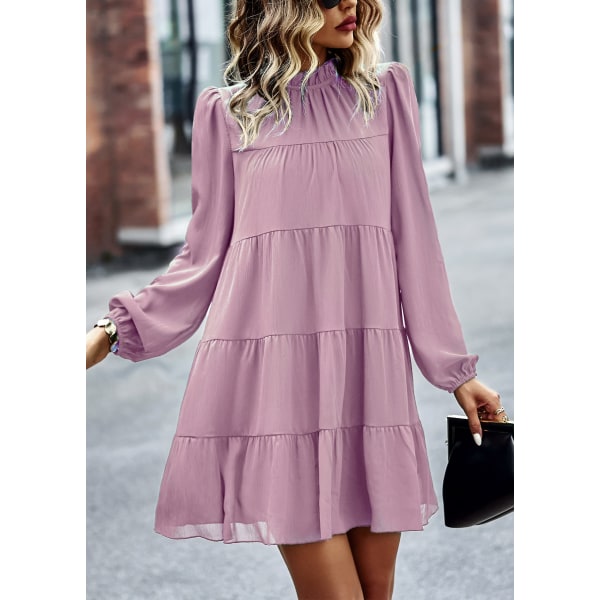 2023 Kvinners Vår Sommer Lang Ermet Ruffle Maxi Kjole, Mock Neck Lagdelt Mini Babydoll Casual Swing Tunika Shift Kjole