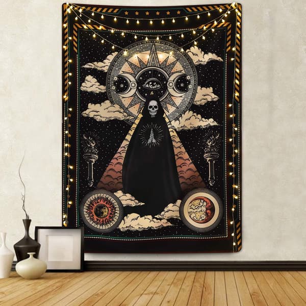 Magiker-kranietæppe Sol Iris Tæppe Sol og Måne Tæppe Stjerner og Skyer Tæppe Tarot Tæppe til Soveværelse, 150x100