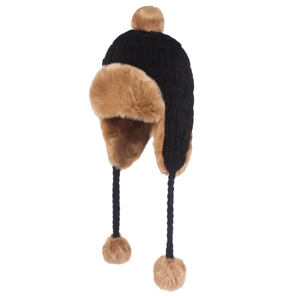 Dam vinter stickad mössa ullfodrad pom pom mössa peruansk mössa varm stickad öronmuffar mössa tjock mössa
