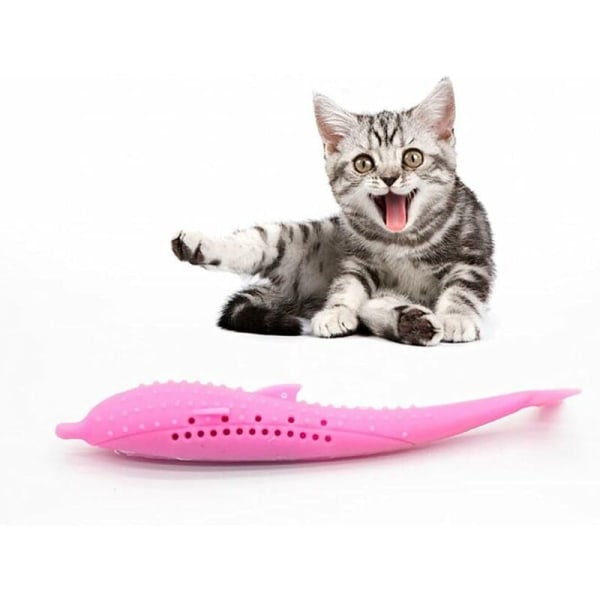 1 st kattmynta leksaker simulering fisk form katt interaktiv djur tandborste tugga leksak miljövänlig silikon tänder molar stick rengöring leksak (rosa)
