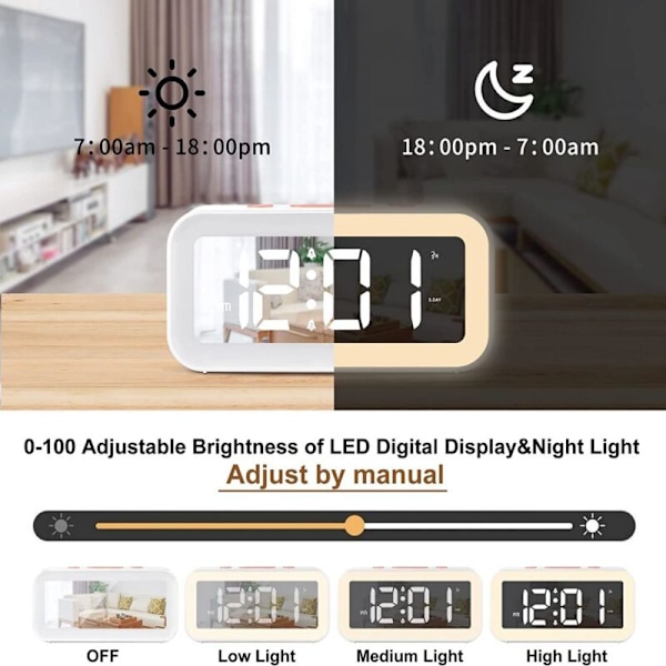 Digital väckarklocka, digital klocka med ljus övre snooze-funktion 2 alarm 12/24h drivs av USB vit