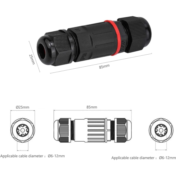 5 kpl 3-johdinta vedenpitävä ulkokäyttöön tarkoitettu sähköliitäntälaatikko IP68 liitäntälaatikko kaapelille halkaisijaltaan 6mm - 12mm Musta