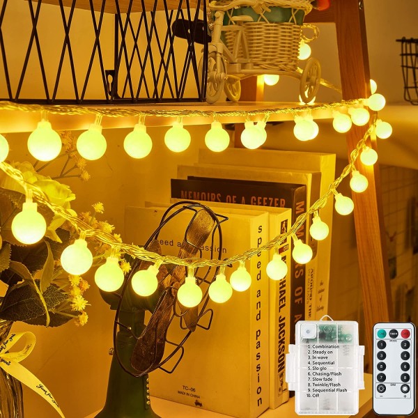 Varmt hvidt 10M 80 LED'er Vandtæt, Batteridrevet, 8 tilstande med fjernbetjening Timer, Udendørs/Indendørs Fe-lys, til have, bryllup, fest, jul D