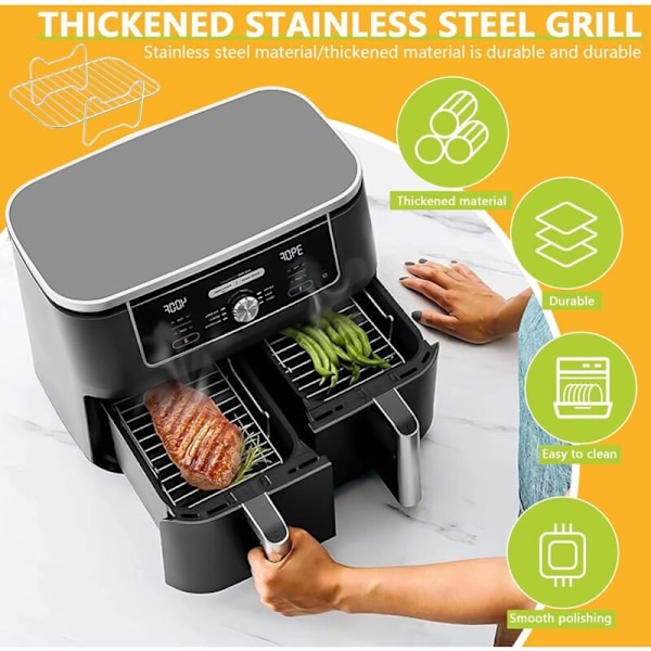 304 Rustfritt Stål Airfryer Tilbehør, Dobbeltlags Multifunksjonell Rist med Grillspyd Kompatibel med Ninja Foodi AF300EU / AF400EU, Airfryer Tilbehør