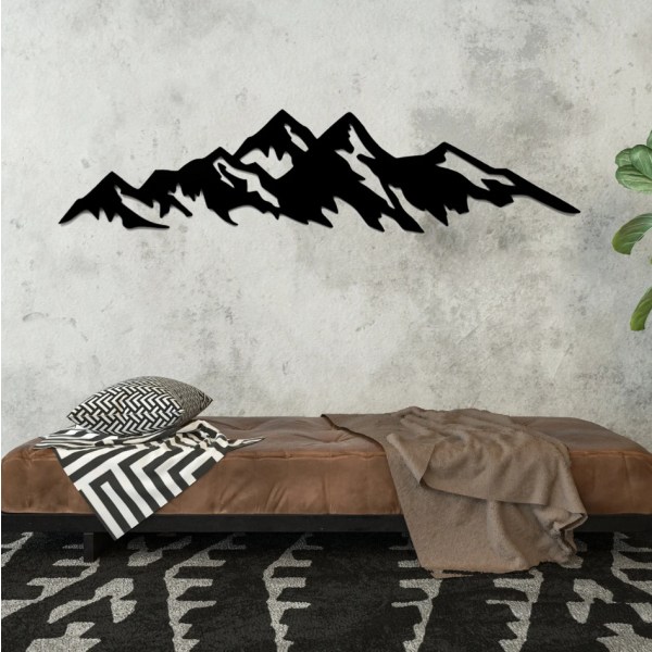 Vuoren siluettitaideteoksen logokoristelu, vuoristometalliseinäveistos, geometrinen 3D-seinäverhoilu, musta metalliseinäkoriste