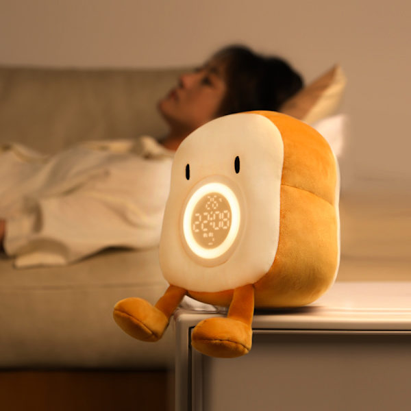 Plush Toast väckarklocka USB-laddning mobiltelefonhållare Dimning sängbordssovlampa LED-tidslampa