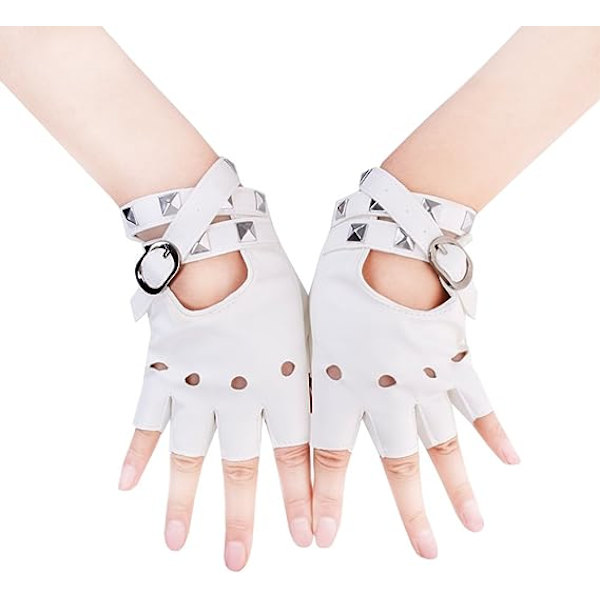 Kvinder PU Læder Punk Handsker (Hvid) Nittet Rem eller Spænde Halv Finger Performance Handsker