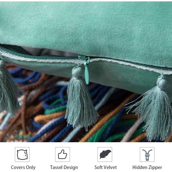2 stk fløyel myk ensfarget dekorativ putetrekk med frynser dusker Boho aksent putetrekk for sofa seng sofa seng Aqua Green