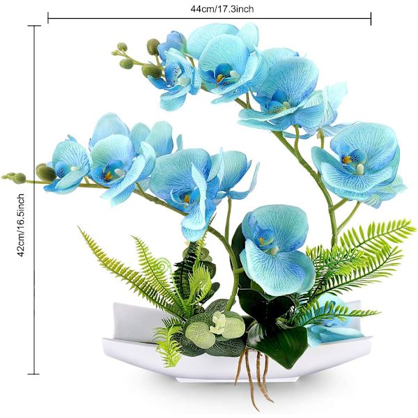 Blå dekorative kunstige orkideer med ekte preg, bonsaitre, kunstige blomster med imiterte porselensblomsterpotter, Phalaenopsis-blomsteroppsatser for hjemmedekor