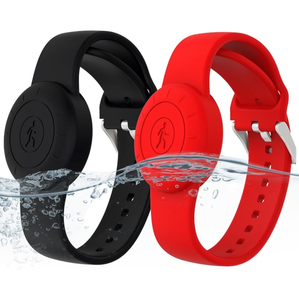 2-pack IPX8 vattentätt AirTag armband för barn, case kompatibelt med Apple AirTag hållare, anti-förlust GPS-spårarmband (svart, rött)