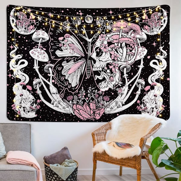 Skull Butterfly Gobelin Hippie Svampe Vægophæng Æstetisk Møl Gobelin Måne og Stjerner Værelse Dekoration Soveværelse Stue College 200*150 cm