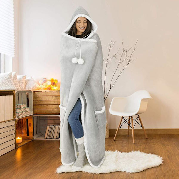 Vinterhem Bärbar Hoodiefilt, Oversized Hoodiefilt, Vuxen Bärbar Filt, Snugglefilt Hoodie, Sweatshirtfilt (Ljusgrå)