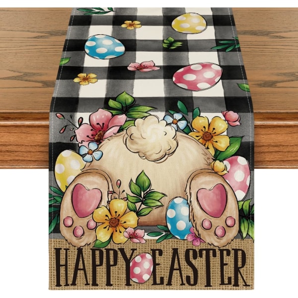 Buffalo Plaid Bunny Egg Blossom Glad påske dug, sæsonbestemt forårs køkkenbordsindretning, perfekt til hjemmefestdekoration 13x72 tommer