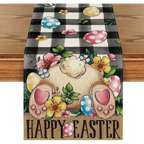 Buffalo Plaid Bunny Egg Blossom Happy Easter Dug, Sæsonbestemt Forårskøkkenbord Dekoration, Perfekt til Hjemmefest Dekoration 13x72 tommer