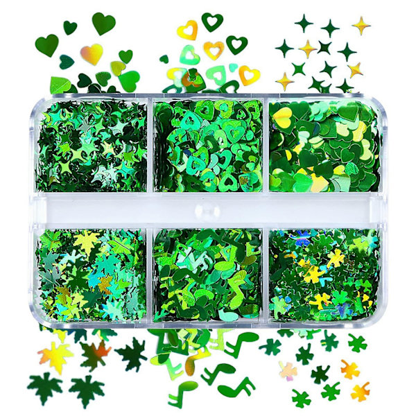 6 Rutor St. Patricks Day Nagelkonst Glitter Sekvenser, 3D Holografiska Shamrock Nagelkonst Flakes, Naglar Konst Dekaler För Kvinnor Flickor