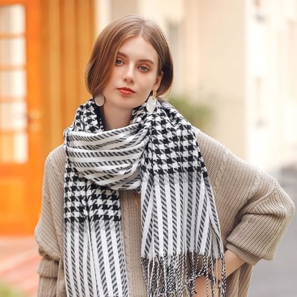 Dames Mode Lang Sjal Sort og Hvid Gitter Vinter Varmt Gitter Tørklæde, Super Blødt Klassisk Cashmere Følelse Ternet Vintertørklæde