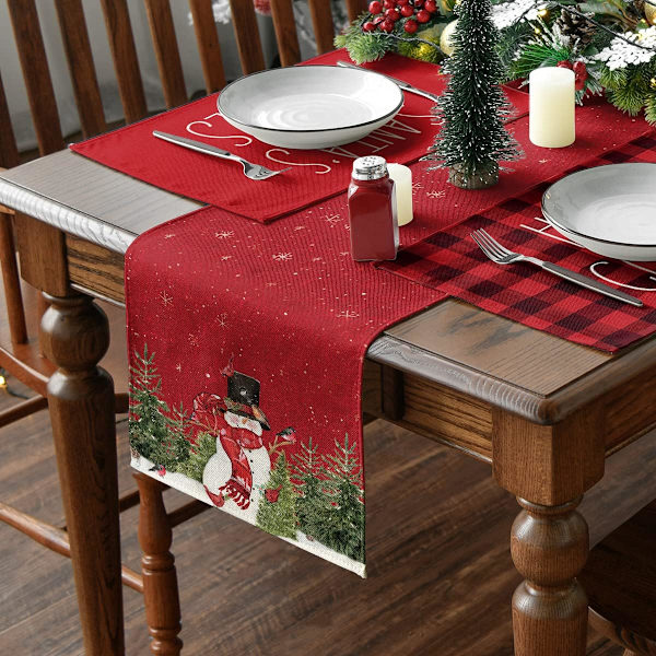 Rød snemand og fuglemønster bordløber vaskbar moderne vinter køkken spisebord dekoration 33*178cm