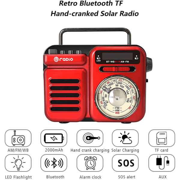 Bärbar Radio SOS Alarm Solladdning 2000mAh