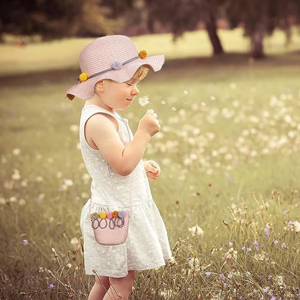 Flicksolhatt och väska set för flickor (rosa) sommarstrand halmhatt och mini söt plånbok set med blomdekoration, lämplig för semester utomhusaktiviteter