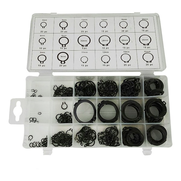 CRCLIP, 300 clips til elastisk ring, træ-circlip, sort, type C, til fastgørelse af eksterne lejecirkler, gear og remskiver (3-32 mm)