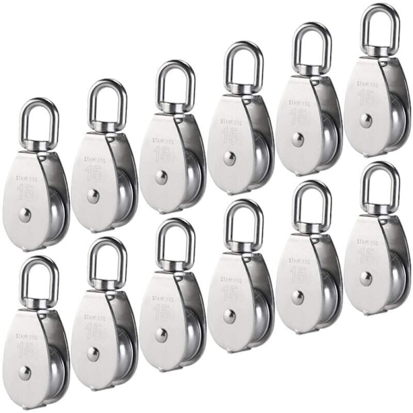 M15 Enkel trissa i rostfritt stål 304, 15mm Endast trissor Rullblock, kran kran slät krok rep kabel lastkapacitet 35kg (12 stycken)