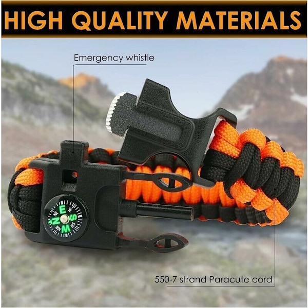 Set med 3 armband i utomhusöverlevnads-paracord för camping, vandring, multifunktionsverktyg, eldstarter, kompass och visselpipa
