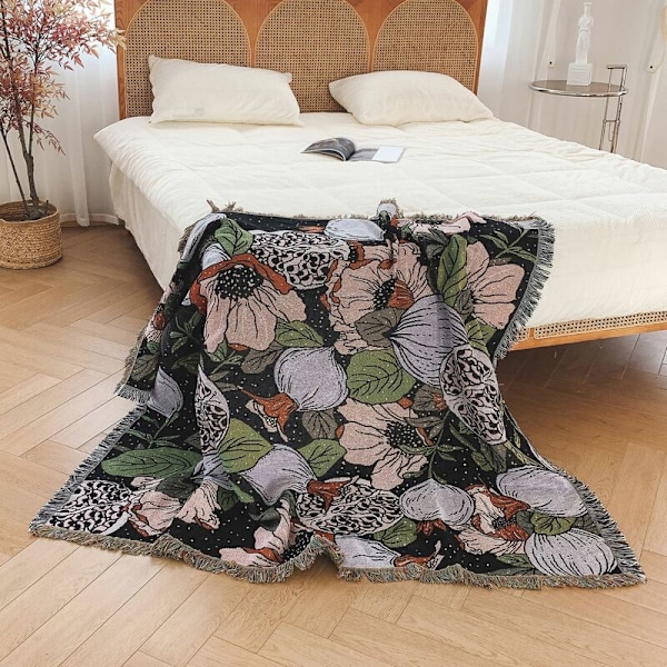 1 stk. 160x130cm strikket plaid dekoreret med komfortable bløde boheme-frynser beskytter mod kulde til sofa sofa med hvile og lur blomster