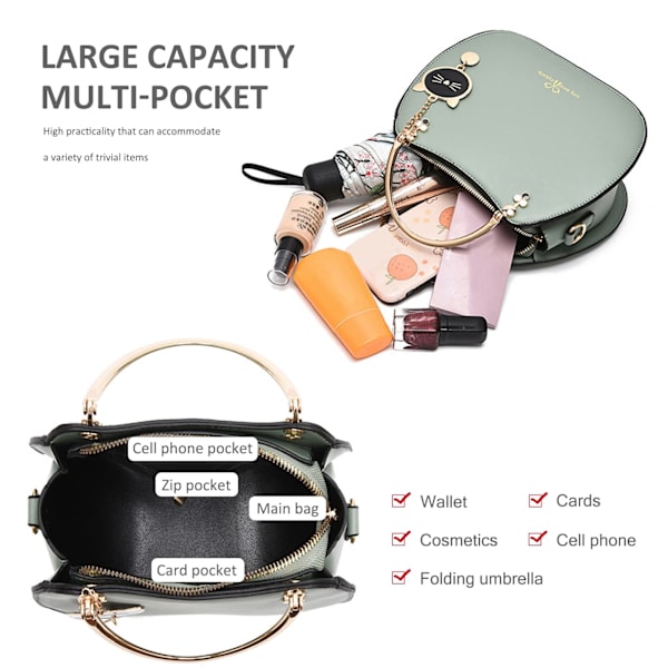 Dammode Handväska Liten Crossbody Väska Flickor Dam Rund Axelväska PU Läder Crossbody Väska Söt Handväska Plånbok med Katt Hänge (Svart)