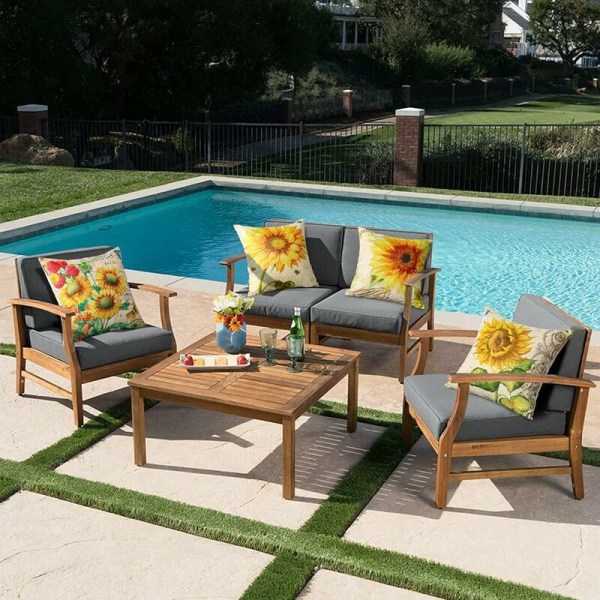 Udendørs pudebetræk, sæt med 4 vandtætte solsikke mønster sofa pudebetræk til terrasse have stue soveværelse dekoration, 45x45cm