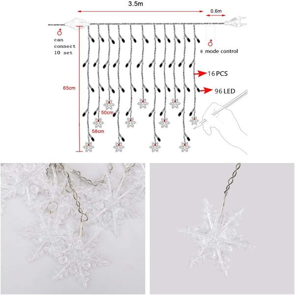 Lysende snøfnugg gardin, 3,5M lyslenke 96 LED 8 lysmoduser, vindusdekorasjon, jul, bryllup, bursdag, hjem,