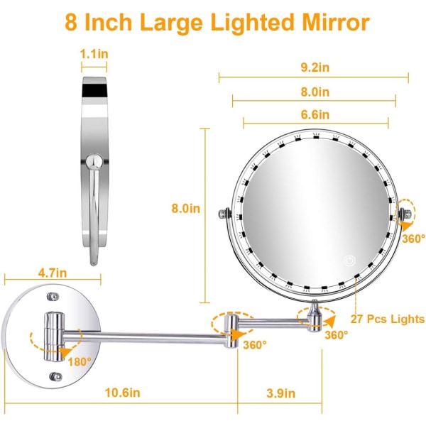 8 tums LED sminkspeglar Väggmonterade upplysta förstoringsspegel,
