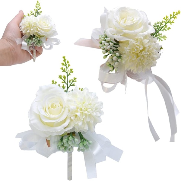 (Hvid) 1 sæt, 2 kunstige håndledsblomster, bryllupscorsage, rosencorsage, bryllupshåndledsblomst, håndledsblomst, egnet til bryllup, banket, fødselsdag