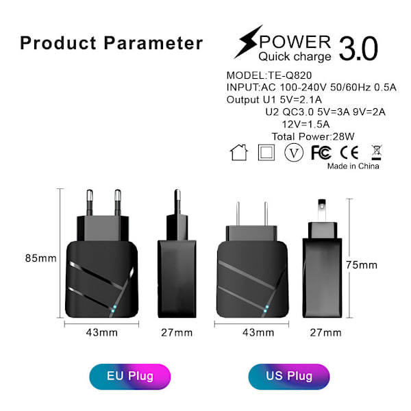 Dobbel USB QC3.0+2.1A Multi-port Rask Lading Mobiltelefonlader Dobbel Port Europeisk Standard