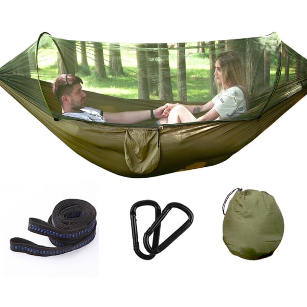 Camping hængekøje med pop-up myggenet, letvægts bærbar udendørs gynge seng, faldskærm, Army Green 250*120