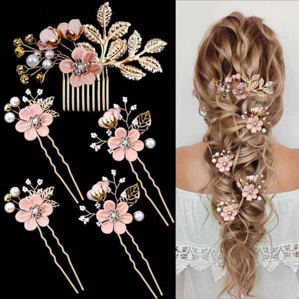 5-pack brudblomma bröllopshårklämmor kristallpärla hårklämmor huvudbonader guld bröllopshår accessoarer brud tärnor strass