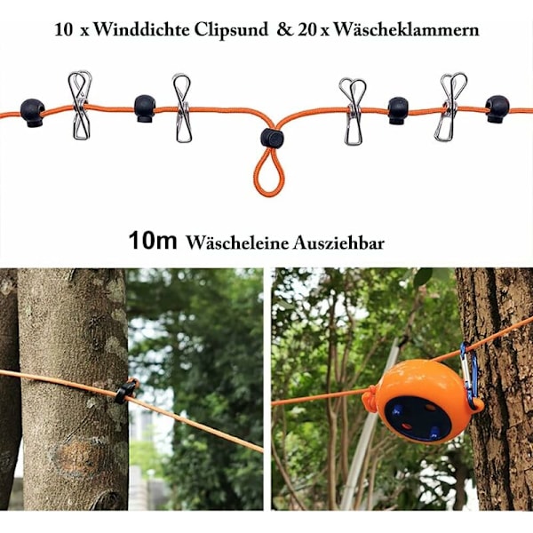10 m klessnor, uttrekkbar, for camping, laptop, klesstativ for utendørs ferier, bad, vaskerom, hage eller reise