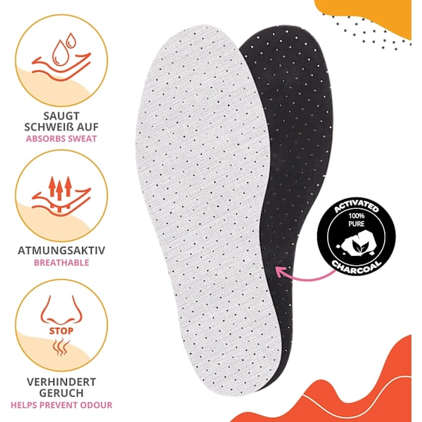 4 par antiperspirant innleggssåler - Avtakbar bomull  Lateks skuminnleggssåle for svette  Lukt - Aktivert trekull - Eliminerer lukt  Deodoriserer - For voksne