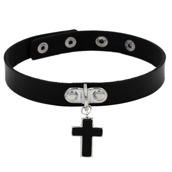 2 st svart punk gotisk choker halsband pu läder hjärta nitar halsband justerbar mjuk kedja halsband（Korset）