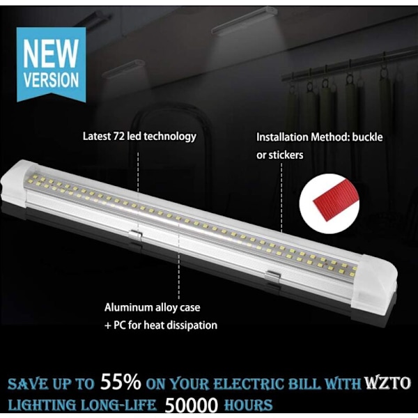 LED Lys Bar, DC 12-80V Bil Indvendig Lys 72 LEDs Skabslampe/Universal Belysning 500LM Til Skab/Bil, Lastbil, Køretøj, RV, Båd, Loftslampe (1 stk)