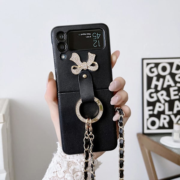 PU læder etui kompatibel med Samsung Galaxy Z Flip 3/4, crossbody snor beskyttende cover med ringholder til Galaxy Z Flip 3 sort