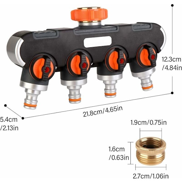 4-veis vanningsfordeler - 3/4\" og 1/2\" vannfordeler med kranventil for å koble til to enheter samtidig, justerbar vannstrøm, adapter for