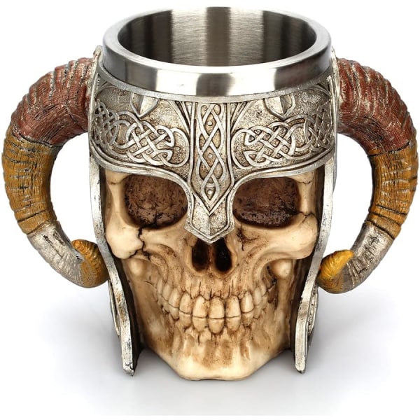 Viking Warrior Skull Mug Tankard Ram Horn Hjelmkrus (18oz)