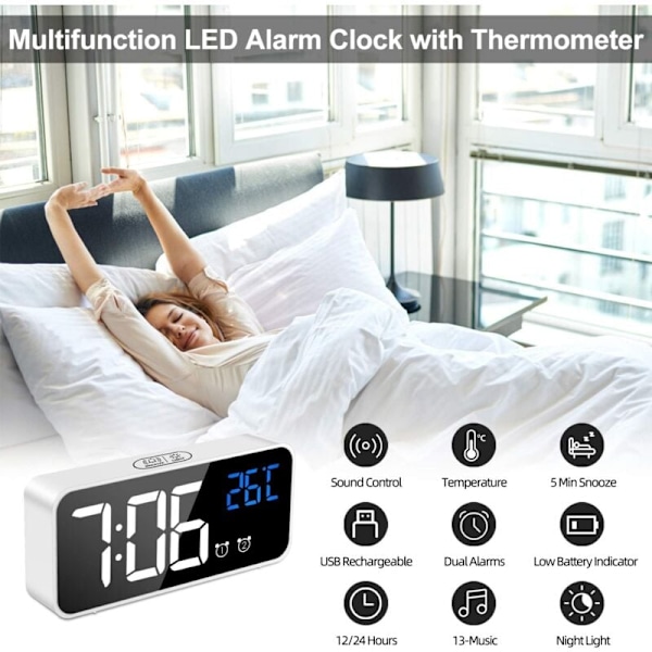 Digital väckarklocka, digital klocka väckarklocka morgon LED spegel LED STOR ANNONSSKÄRM/ Snooze/ 2 alarm, ljusstyrka och justerbar, ljud ac