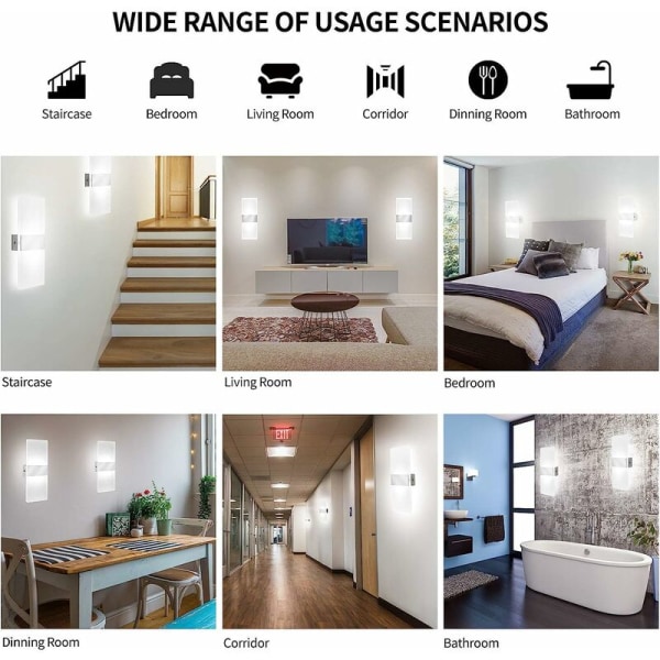 Innendørs LED-vegglampe, 12W akrylvegglampe kald hvit 6000K, moderne design dekorvegglampe for stue, soverom, gang, bad (kald hvit)