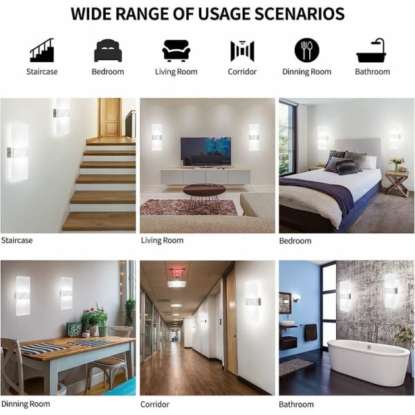 LED indendørs væglampe, 12W kølig hvid 6000K akryl væglampe, moderne design dekor væglampe til stue, soveværelse, gang, badeværelse (C