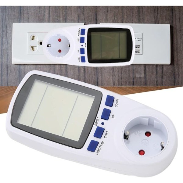 Strømmåler Elektricitetsforbrugsmåler, med baggrundsbelyst LCD-display, Overbelastningsadvarsel Watt Volt Amp Meter til hjemmet EU-stik