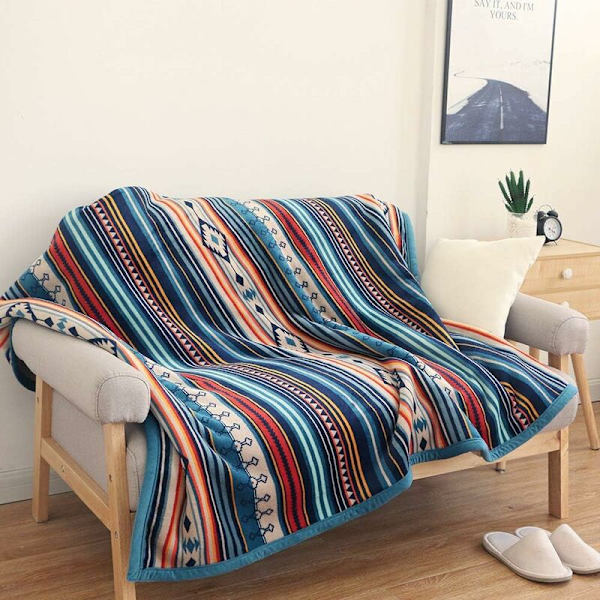 Plaid Fleece Tæppe 125x150cm, Blødt og Hyggeligt Tykt Flanneltæppe, Vendbart Blåt Tæppe og Plaider, Blødt Hyggeligt Sherpa Sofatæppe Stribe