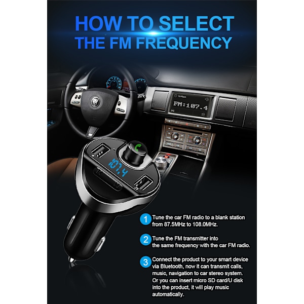 Bluetooth Bil Transmitter, Trådløs In-Car FM Transmitter Radio Adapter Bil Kit, FM Transmitter Bil med Dobbelt USB Opladningsport, Håndfri Opkald
