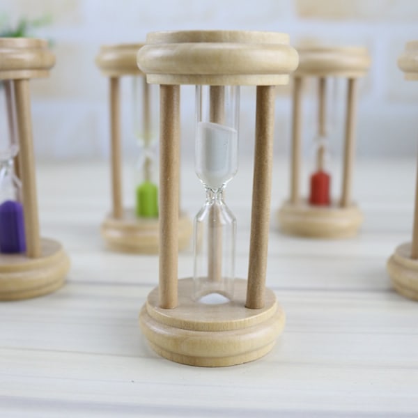 3 minutters bøgetræ/glas/sand timeglas, flerfarvet, 10 x 3,5 x 3,5 cm - tilfældigt mønster