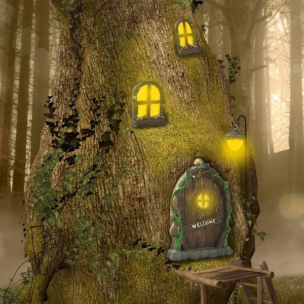 Mini Sagoskogsträdgård Tillbehör Utomhus Dekorationssats Trädstubbe Ornament Tomte Dörr Set Trädgårdskonst Utomhus Mellanrum Barn Fönster Glöd i Mörkret